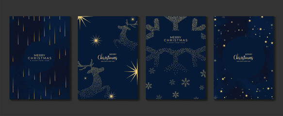 Obraz premium Christmas invitation card art deco design vector. Christmas reindeer, snowflake in spot texture on watercolor blue background. Design illustration for cover, poster, wallpaper, greeting card. 
