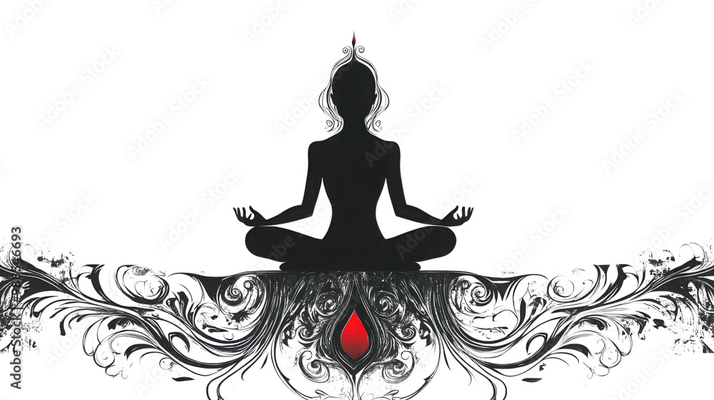 Poster meditation silhouette with intricate design and red element, white isolate background.