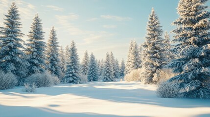 Obraz premium A peaceful winter scene of a snow-covered forest, with tall pine trees blanketed in snow under a pale blue sky.