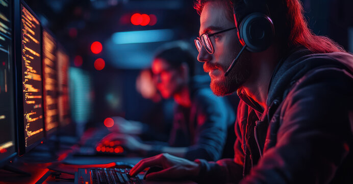 Male programmer wearing glasses and headset, focused on coding on multiple computer monitors, lit by red and blue lights in a dark, intense workspace