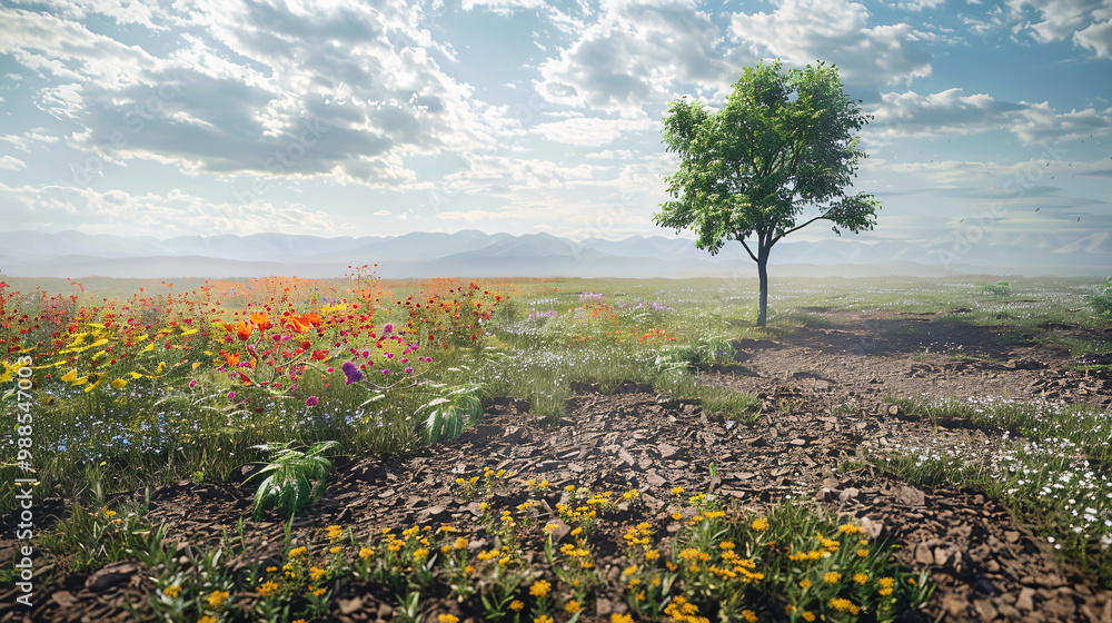 Poster picturesque meadow with wildflowers on the left side and barren soil on the right and with a single 