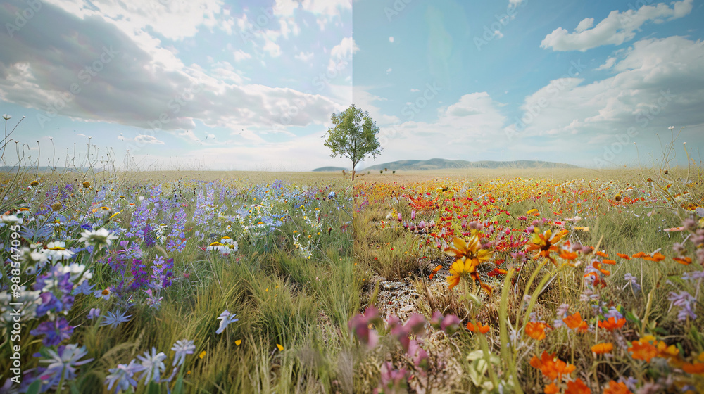 Poster picturesque meadow with wildflowers on the left side and barren soil on the right and with a single 