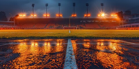 Orange floodlights in a deserted stadium, reflecting off the wet grass and empty seats