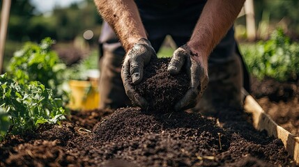 Fototapeta premium Hands Covered in Soil Holding a Clump of Dirt in a Garden