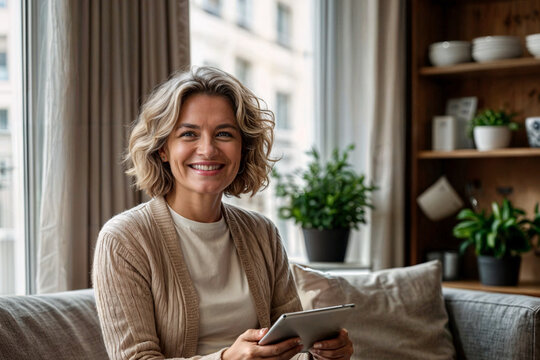 smiling middle-aged woman using tablet on her living room sofa