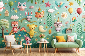 Naklejka premium * Whimsical wallpapers, aglow with colorful charm, showcase vibrant whimsy, delightful patterns, and heartwarming