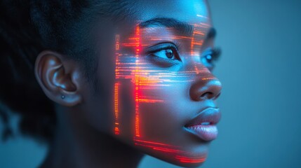 Young girl closely observing futuristic digital interface with glowing blue lights, symbolizing curiosity, technology, and future innovation in a high-tech environment