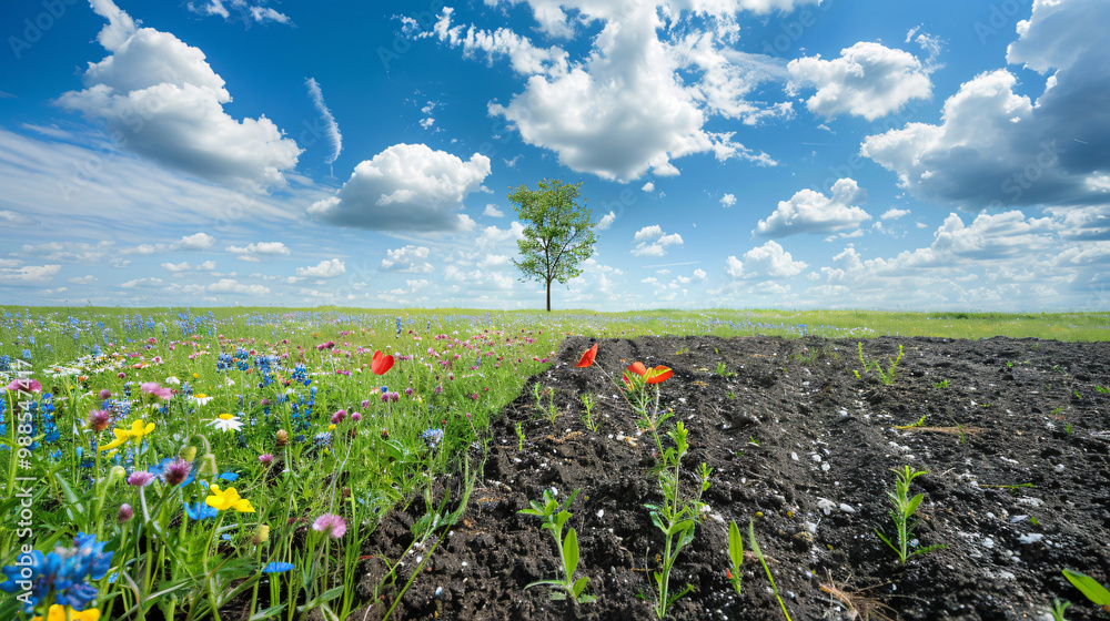 Poster picturesque meadow with wildflowers on the left side and barren soil on the right and with a single 