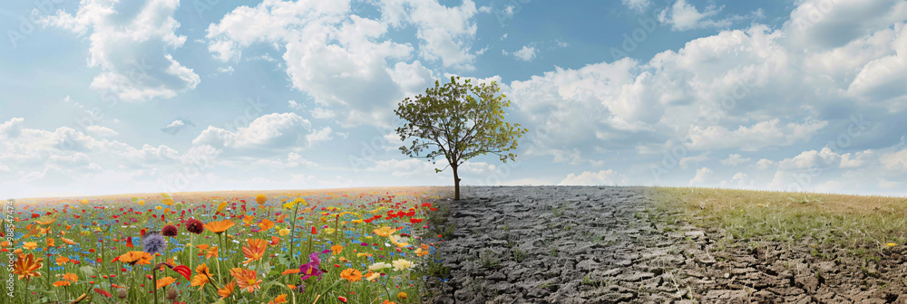 Poster picturesque meadow with wildflowers on the left side and barren soil on the right and with a single 