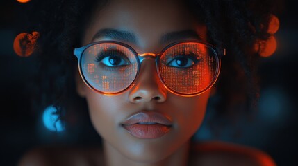 Woman wearing large glowing glasses with orange digital data projections in a futuristic high-tech workspace, symbolizing innovation, programming, and artificial intelligence development.