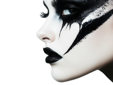 Profile woman artistic black white face paint white isolate background.