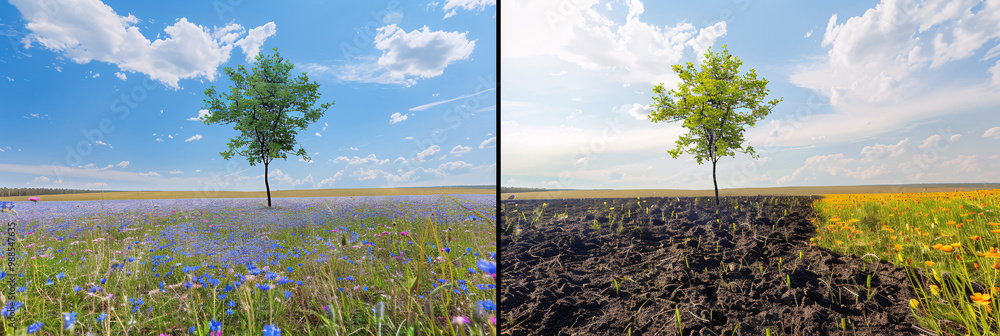 Poster picturesque meadow with wildflowers on the left side and barren soil on the right and with a single 