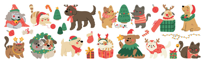 Obraz premium Merry christmas and happy new year concept background vector. Collection drawing of cute dogs and cats with decorative scarf, ribbon, hat. Design suitable for banner, marketing, shop, sticker, kids.