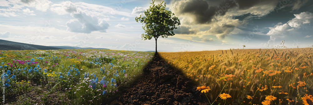 Poster picturesque meadow with wildflowers on the left side and barren soil on the right and with a single 