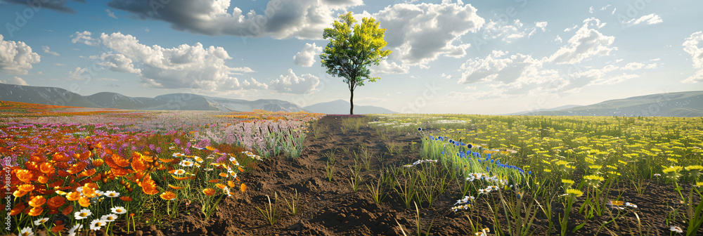 Poster picturesque meadow with wildflowers on the left side and barren soil on the right and with a single 