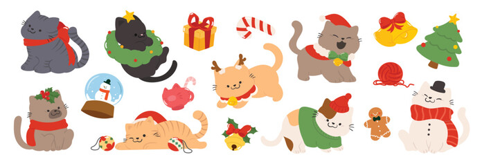 Merry christmas and happy new year concept background vector. Collection drawing of cute cats with decorative scarf, ribbon, hat. Design suitable for banner, marketing, shop, sticker, kids.