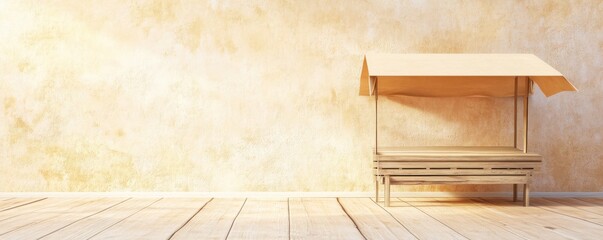 An empty market stall in front of a border wall