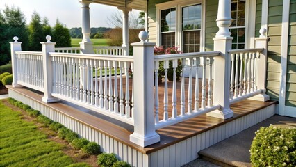White vinyl porch rails boast ornate spindles crafted with precision, paired with a decorative top cap that adds