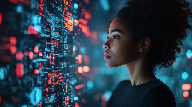 Woman gazing intently at high-tech screen, face illuminated by glowing red data patterns. Futuristic technology, AI innovation, and cyber intelligence concepts in an advanced digital world.