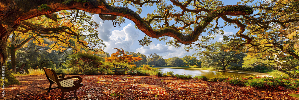 Poster quiet park with a carpet of fallen leaves on the left and a small pond on the right and a solitary b