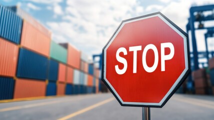 Obraz premium A giant stop sign placed in front of shipping containers, symbolizing trade halts and embargoes