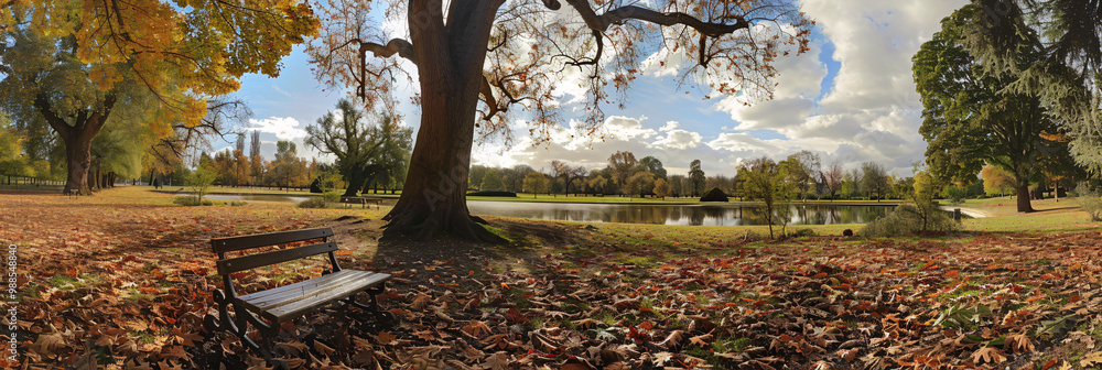 Poster quiet park with a carpet of fallen leaves on the left and a small pond on the right and a solitary b