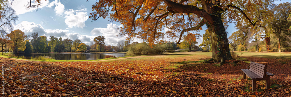 Poster quiet park with a carpet of fallen leaves on the left and a small pond on the right and a solitary b