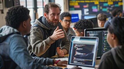 A tech mentor explaining complex coding concepts to a group of eager students, with computer screens displaying intricate code.
