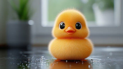 Adorable fluffy yellow duck toy with big eyes, perfect for children's rooms or playful decor, set against a bright, sunny background.