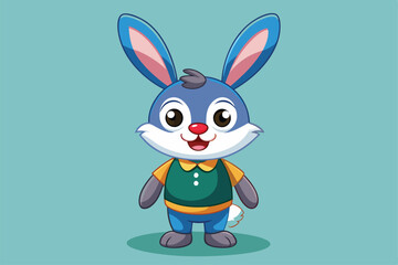 Obraz premium A charming cartoon bunny smiles happily while wearing a colorful outfit and standing against a solid background, a cartoon character Charming bunny cartoon