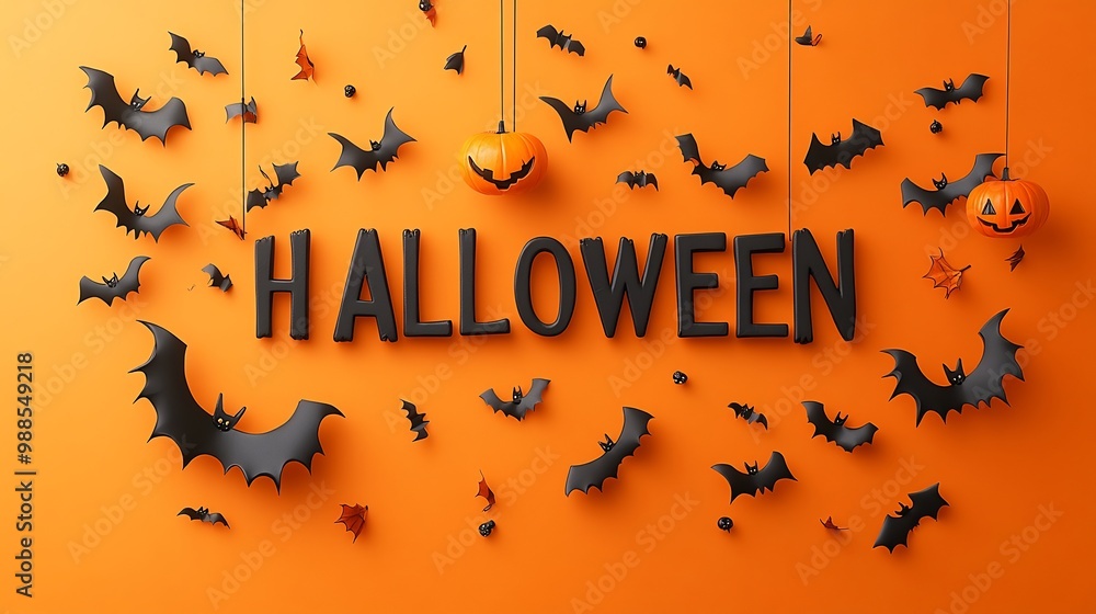 Poster orange minimalistic background the word halloween displayed in hanging letters surrounded by playful