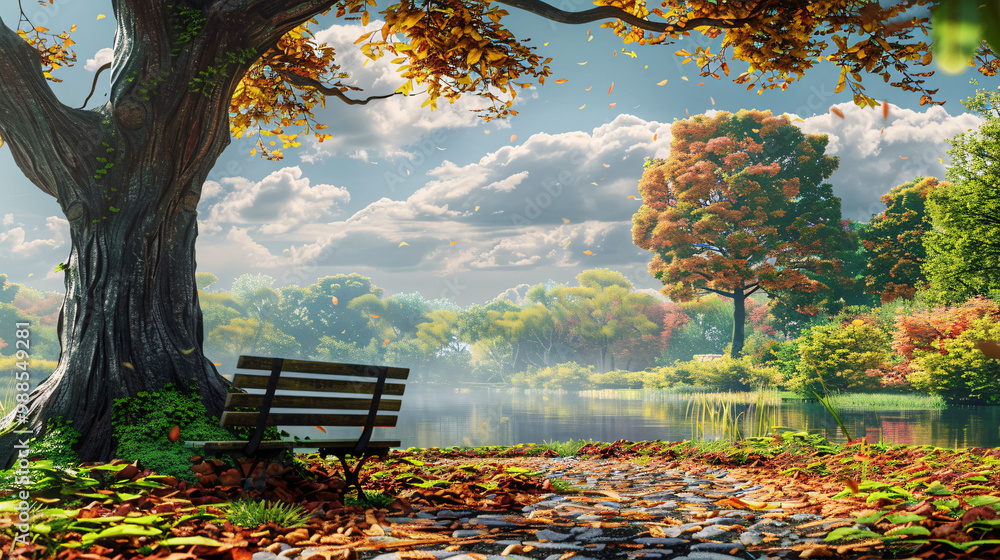 Poster quiet park with a carpet of fallen leaves on the left and a small pond on the right and a solitary b