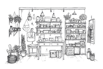 Well-organized potting shed with plants, tools, and shelves, white isolated background.