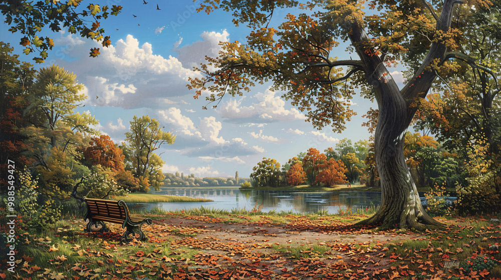 Poster quiet park with a carpet of fallen leaves on the left and a small pond on the right and a solitary b