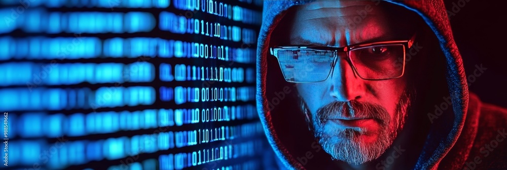 Poster portrait of serious hacker in hood against a binary code background in blue and red light