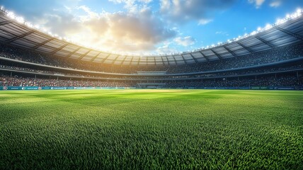Daytime cricket action in a large stadium, with a panoramic view of the field and vibrant crowd, copy space