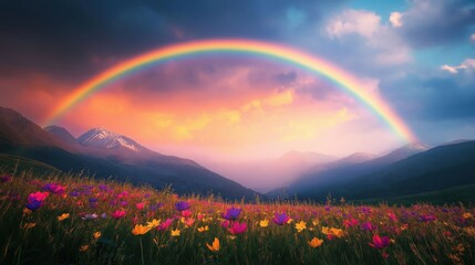 A vibrant rainbow arches over a colorful mountain meadow filled with wildflowers.