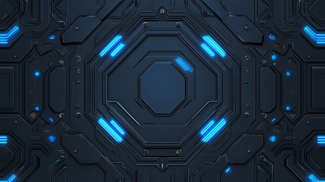 A futuristic, dark blue panel with an octagonal design and glowing blue accents, suggesting a high-tech environment.