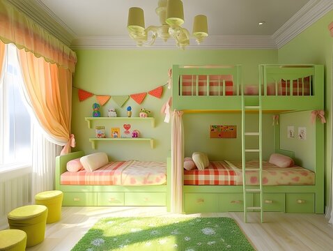 A cheerful and colorful bunk bed bedroom for children, with a green color scheme and decorated with flags, toys, and pillows.