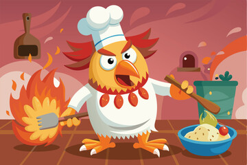 The furious hen chef stirs a blazing fire while cooking a delicious meal in a lively kitchen, a cartoon character cook angry hen