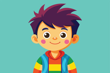 The colorful boy with a joyful expression stands confidently, ready for adventure, a cartoon character colorful boy