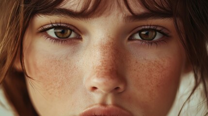 Fototapeta premium A detailed close-up of a face showcasing freckled skin, intense brown eyes, and delicate facial features.