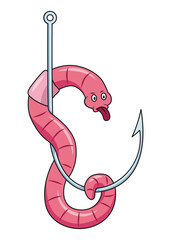 Cute worm character on hook. Fishing leisure icon. Funny symbol on fishing hook in cartoon style. Vector illustration