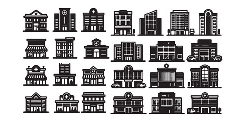 Building icon. Shopping mall store, supermarket, hospital, hotel vector illustration design black and white art