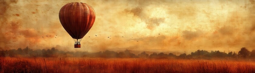Vintage hot air balloon over countryside, steampunk, sepia, watercolor
