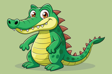 Obraz premium A cartoon crocodile with a big smile poses playfully, showcasing its bright colors against a soft backdrop, a cartoon character crocodile