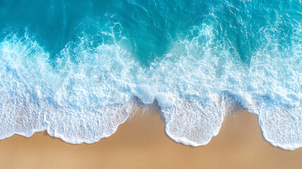 Soft waves crash gently on the sandy shore, creating a peaceful atmosphere on the beach. The clear blue sky emphasizes the tranquility of this idyllic location