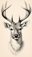 Fototapeta premium drawing deer pencil ad horns cervid vignetting art line animal tattoo horn portrait face head muzzle fantasy male stag look cute hand drawn big branched eye fairy tale illustration t-shirt design