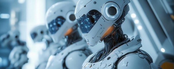 Fototapeta premium Futuristic lab with robotic assistants, scifi, blue and white, digital illustration