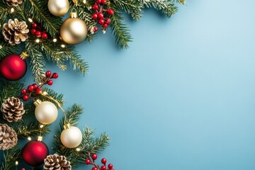 Christmas composition decor on a blue background , copy space with generative ai